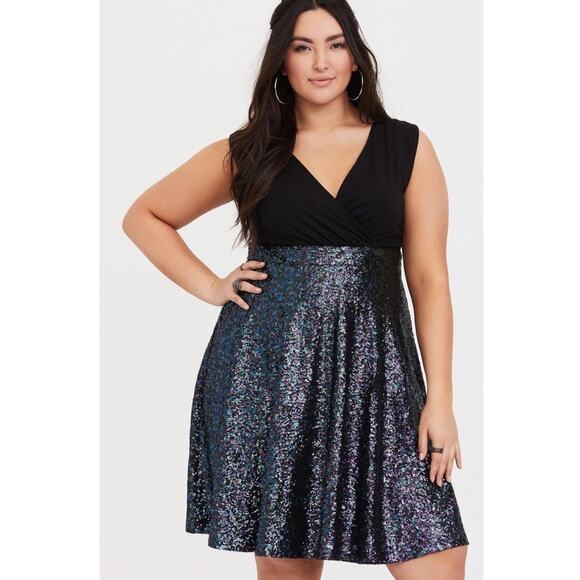 Torrid Womens Plus Size 18 NEW Special Occasion Black Sequin Skater Dress V Neck - Picture 1 of 15